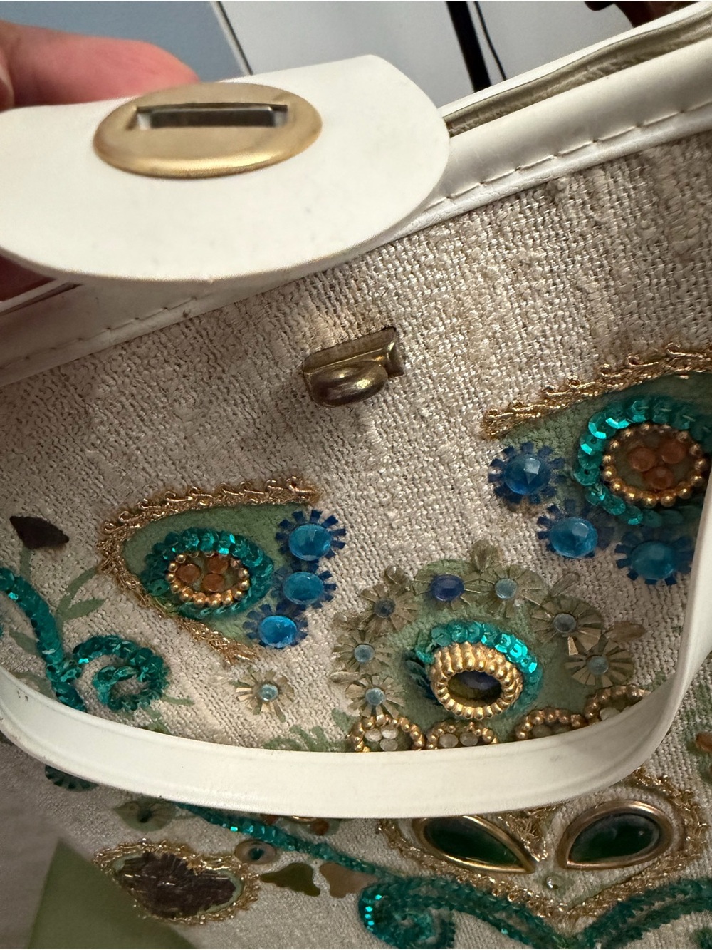 Embroidered White Tote with Teal and Gold Accents - Picture 3 of 12